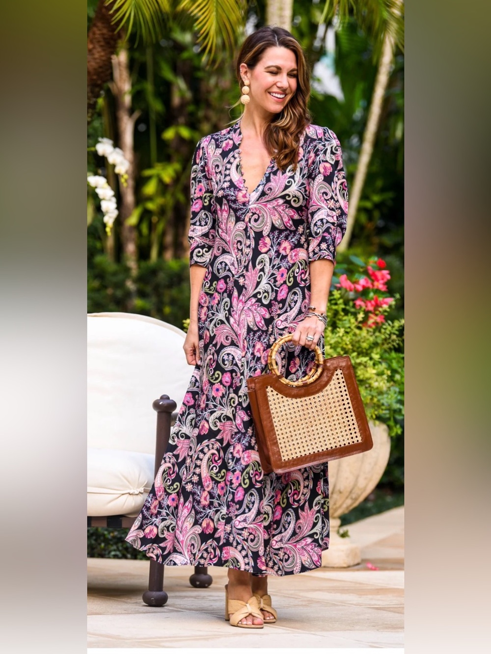 Paisley V-Neck Maxi Dress in Black and Pink